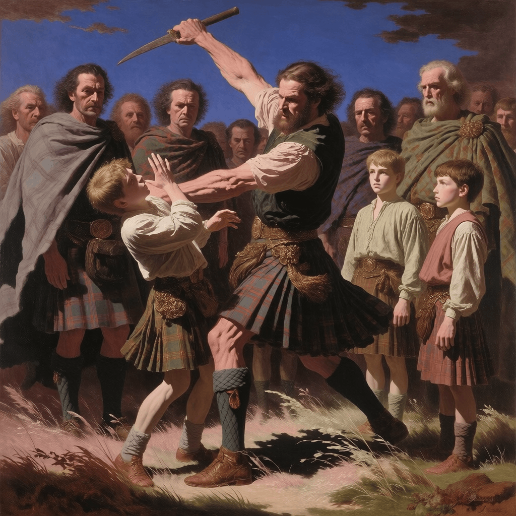 Lachlan Mor MacKinnon Strikes His Son · Clan Quarrel Sir Lachlan Mor MacKinnon strikes his 2nd son Daniel in front of the clan — the quarrel that sent Daniel to Antigua, archive image by Emma-Jane MacKinnon-Lee
